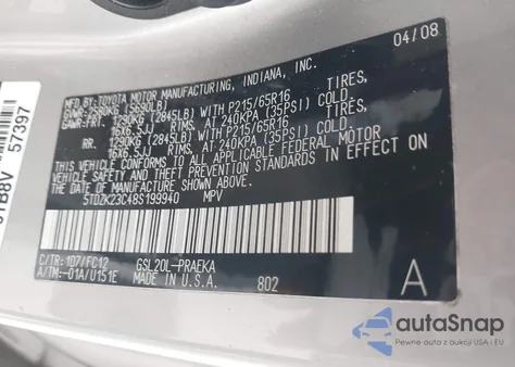 2008 Toyota Sienna Le z USA, uszkodzony, nr VIN 5TDZK23C48S199940